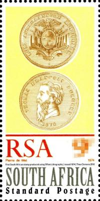 1974. Первая монета Южно-Африканской Республики, тиражом около 837 штук, была отчеканена на монетном дворе Ralph Heaton & Sons в Бирмингеме, Англия, с использованием россыпного золота из округа Лайденбург. ..jpg